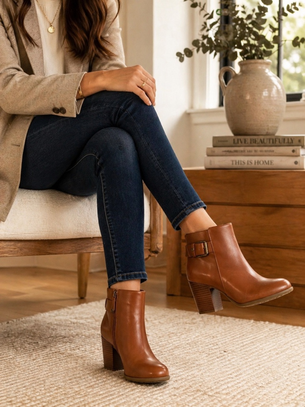 Isaac Mizrahi Cognac Leather Ankle Booties Buckle Stacked Heel Side Zip Sz 6 - Picture 5 of 5